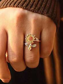 1pc Gold Sunflower Bee Rotating Open Adjustable Stress Relief Ring, Cubic Zirconia Fingertip Toy Jewelry, Personalized Accessory, Suitable For Daily Wear, Party, Gift - Multicolor - View 1