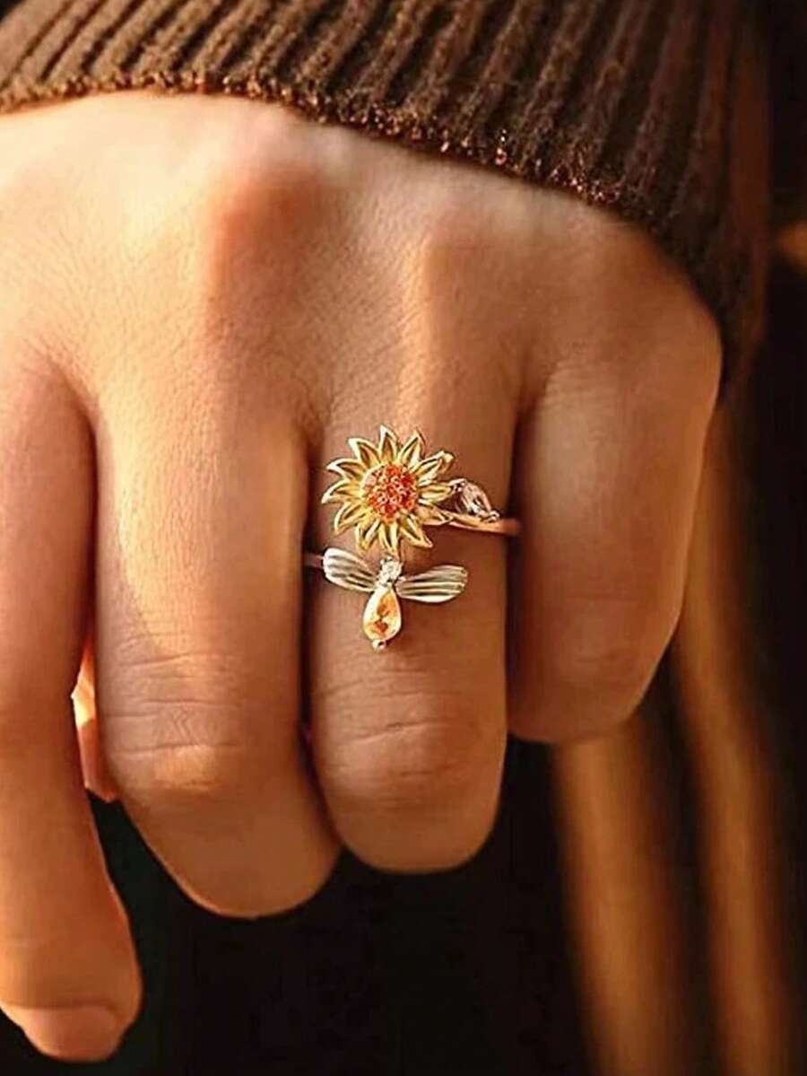 1pc Gold Sunflower Bee Rotating Open Adjustable Stress Relief Ring, Cubic Zirconia Fingertip Toy Jewelry, Personalized Accessory, Suitable For Daily Wear, Party, Gift - Multicolor - View 1
