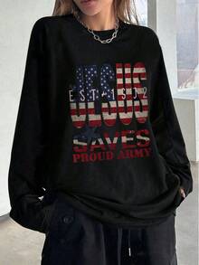 Women's Fashion Autumn/Winter Loose Minimalist Versatile Letter Print Long Sleeve T-Shirt Casual - Black - View 4