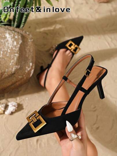 On feet& in love Women's Fashion Elegant Thin Heel Slingback Metal Buckle Pointed Toe Low Vamp Commute Versatile High Heel Pumps Suitable For Dresses And Wedding Outfits