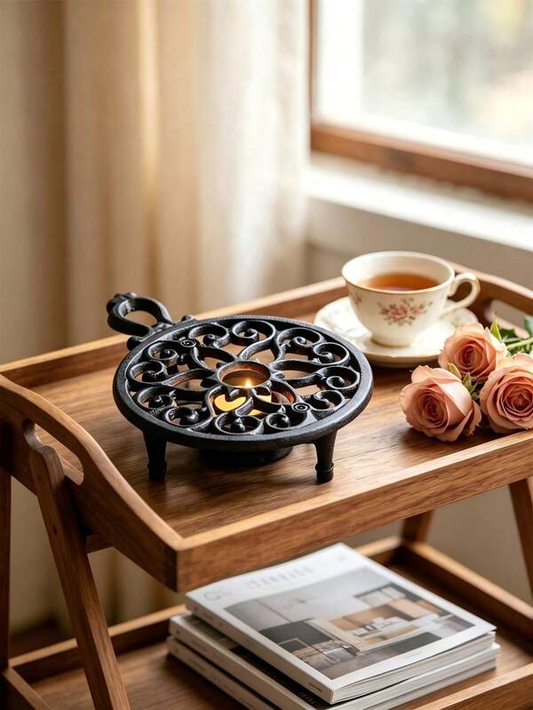 1pc Vintage Cast Iron Teapot Warmer, Hollow Scroll Pattern, Portable Metal Stove Rack, Suitable For Coffee Pots And Small Kitchen Utensils, Desktop Candle Heating Stand, Heat-Resistant Hot Plate Rack, Home Kitchen Decor, Suitable For Dining Table Countertop