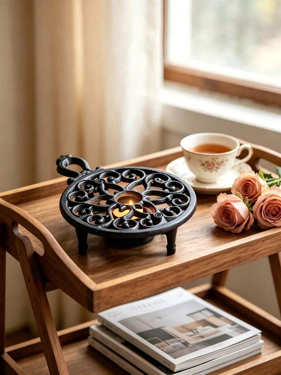 1pc Vintage Cast Iron Teapot Warmer, Hollow Scroll Pattern, Portable Metal Stove Rack, Suitable For Coffee Pots And Small Kitchen Utensils, Desktop Candle Heating Stand, Heat-Resistant Hot Plate Rack, Home Kitchen Decor, Suitable For Dining Table Countertop