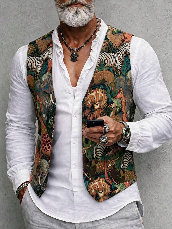 GOLDREDY Hong Kong Style Vintage Zoo Jacquard Vest Men's Loose Fit Vintage Style Sleeveless Outerwear Versatile Waistcoat