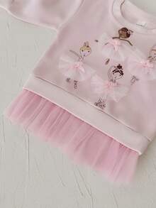 2Pcs/Set Baby & Toddler Girls Mesh Patchwork Sweatshirt Set, Ballet Girl Print Top With Frill Trim Leggings, 2 Pieces Outfit, Spring/Autumn - Pink - View 10
