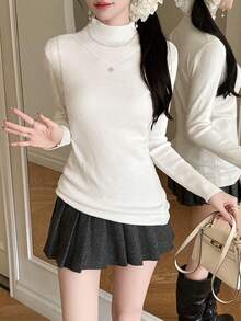 Women's Autumn/Winter Turtleneck Sweater Base Layer, Warm Design Pullover Long Sleeve Knit Top - White - View 1