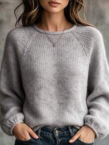 Women's Grey Textured Knit Sweater With Rolled Hem, Round Neck, Raglan Lantern Sleeves, Casual Versatile Soft Pullover, Suitable For Daily Wear In Autumn/Winter - Grey - View 4