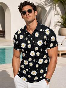 Men's Lightweight Floral All-Over Print Short Sleeve POIO Shirt, Men's Casual Holiday Style Short Sleeve Polo Shirt - Multicolor - View 1