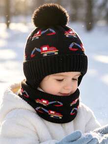 Kids Hat & Scarf Set, Boys Winter Thermal Lined Earflap Beanie, Windproof Warm Baby Pullover Cap, - Excavator 2-piece Set - View 5