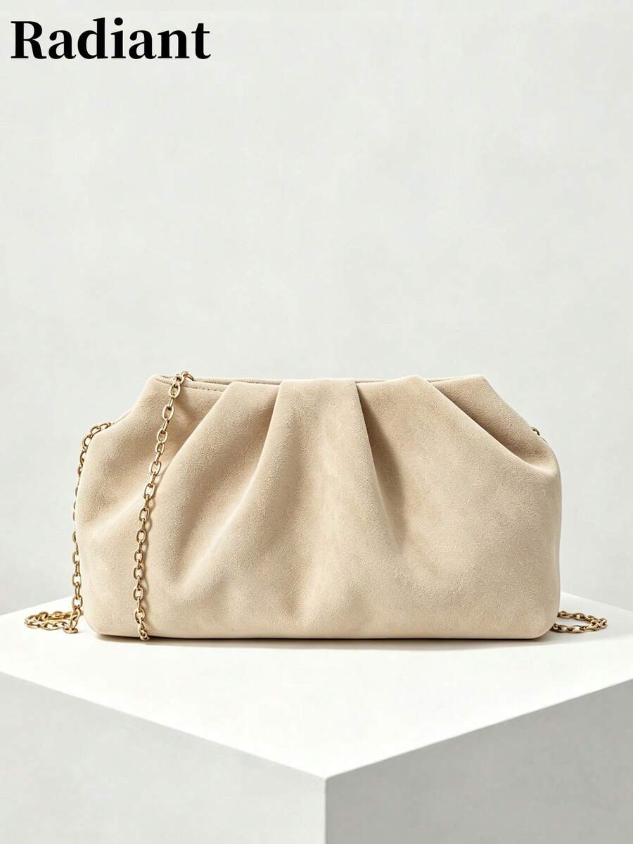 Women's Solid Color Gold Chain Strap Ruched Design Crossbody Shoulder Evening Clutch Bag, Elegant Style, Suitable For Party And Daily Wear, All Season - Khaki - View 1