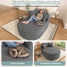Komprimierter ovaler Relaxsessel aus Cordstoff – Montagefreier Einzelsessel mit tiefer Sitzfläche (122 cm), Lounge-Sessel für Wohnzimmer, Schlafzimmer & Leseecke – Hellbeige/Grün/Grau - Grau - Übersicht 11
