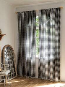 1pc American Country Style Minimalist Solid Color Plaid Pattern Curtain, Suitable For Bedroom, Living Room, Balcony - Navy - View 8