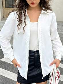 Girls' Cotton Button-Up Shirt, Long Sleeve V-Neck Casual Top With Turn-Down Collar - White - View 3