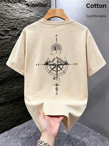 Men's Cotton T-Shirt For Autumn With Back Print Of Sun, Mountains, Compass And Geometric Patterns, Daily Street, Vacation, Casual Sports Outfits - Apricot - View 3