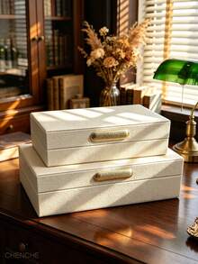 Set Of 2 S & L Size Cream Pebbled PU Leather Jewelry Boxes With Lid, Gold Zinc Alloy Bar Handle, Velvet Lined Rect Accessory Storage Organizer, Modern Luxury Vanity Bedroom Decor Holiday Gift - OFF-white - View 4