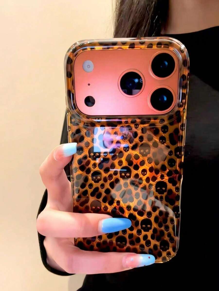 Vintage Black Skull Leopard Print Phone Case Compatible With Apple 17 Pro Max/ 17 Pro, Korean Ins Style Aesthetic, 16/15, Niche Creative Premium Full Coverage Shockproof New Phone Shell - Multicolor - View 1