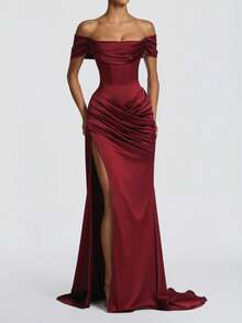 Elegant Women's Off-Shoulder Pleated Fashion Slit Dress - Burgundy - View 8