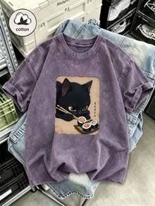 Japanese Retro Black Cat Eating Sushi Print Short Sleeve T-Shirt, Cool Niche Design, Women's Autumn Casual Summer Top - Medium Purple - View 5