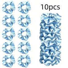 10pcs Blue Ladies Elegant Solid Color Satin Hair Rings, Suitable For Daily, Sports, Summer, Beach, Vacation, Suitable For Hair Accessories Tools, - Light Blue - View 2