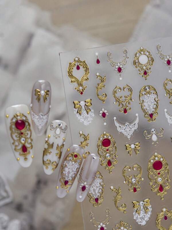 `5D Crystal Diamond Baroque Nail Art Stickers, Gold Red Gem Lace Bow Pearl Retro Royal Pattern Self‑Adhesive Nail Decals DIY Manicure Decor Accessories`