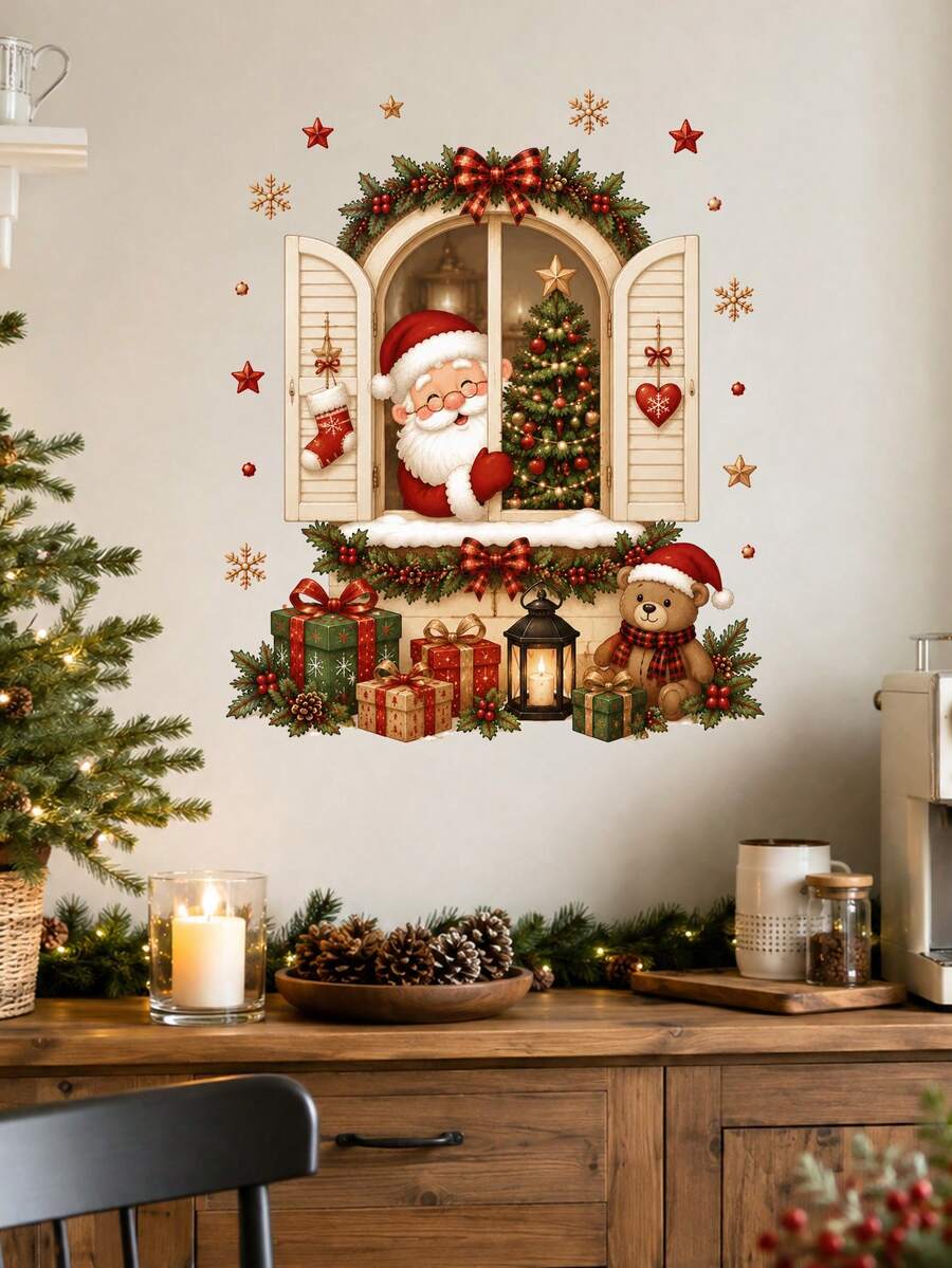 1pc Christmas Window Scene Wall Sticker Santa Claus Reindeer Peeking Through Window Christmas Tree Gift Box Holiday Window Decal Cozy Christmas Home Decor Self-Adhesive Removable Waterproof PVC Peel And Stick Wall Sticker For Home Holiday Decoration - Christmas Wall Decals - View 1