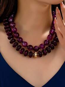 OABE 2pcs/Set Bohemian Style Purple Beaded Layered Necklace Set With Round And Oval Beads, Suitable For Women's Daily Wear - Purple - View 2