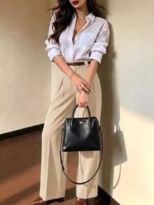 Pantalones de traje para mujer elegantes y casuales de otoño con cintura alta, pierna ancha plisada, detalle de botones dorados, bolsillos laterales, corte holgado, outfit para brunch, ciudad, trayecto al trabajo y día laboral - Albaricoque - Ver 6