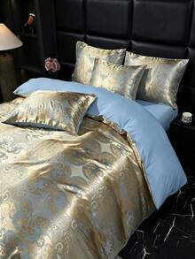 Jacquard Hautfreundliches gebürstetes weiches bequemes Bettbezug Set 3 Stücke (1*Bettbezug+2*Kopfkissenbezüge), geeignet für Schlafzimmer, Gästezimmer - Gold - Übersicht 7