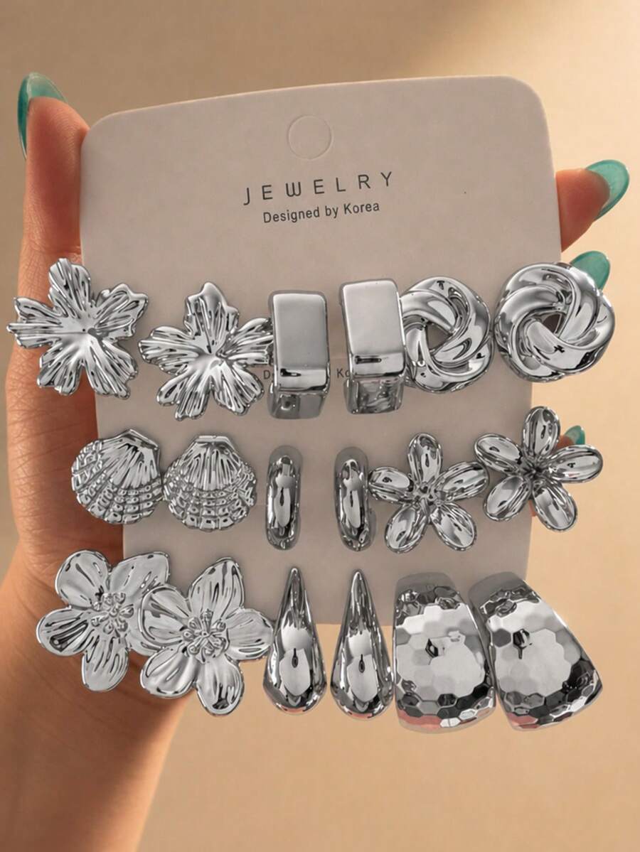 6-18pcs/Set Flower, Shell, Geometric, Water Drop Stud Earrings Set, Elegant Creative Silver Earrings, Suitable For Women's Daily Wear - Silver - View 1
