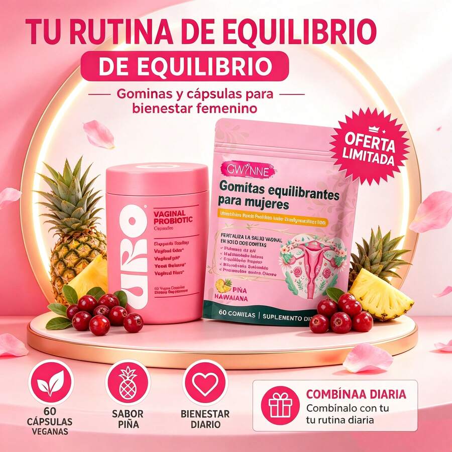 URO Combo Oferta Suplemento Vitamínico para Mujer, Set Combinado: U R O 60 Cápsulas Probióticas Sin Sabor + 60 Gomitas Sabor Piña Hawaiana, Favorece el Equilibrio Nutricional, Suplemento Dietario Uso Diario - Combo Precio Favorito - Ver 1