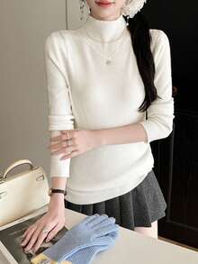 Women's Autumn/Winter Turtleneck Sweater Base Layer, Warm Design Pullover Long Sleeve Knit Top - White - View 4