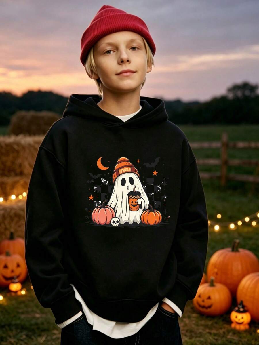1pc Boys Halloween Sweatshirt, Ghost Print Hooded Sweatshirt, Suitable For Boys Daily Wear, Party, Holiday Gift - Black - View 1