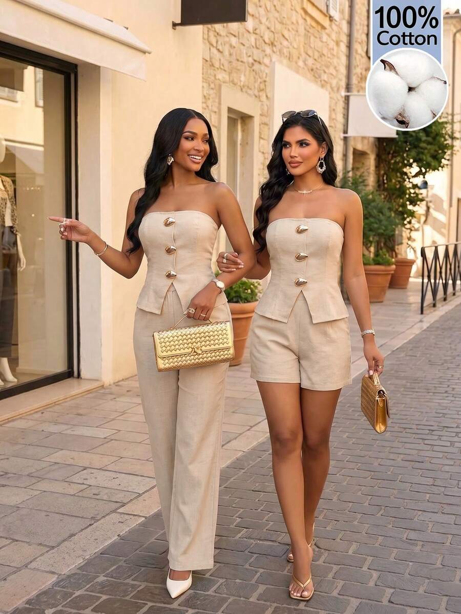 AIJ Women's Beige Pure Cotton 2 Pieces Set, Elegant Tube Top With Buttons And Shorts, Suitable For Outings, Casual, Daily And Holiday Occasions - Apricot - View 1