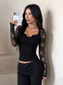 1pc Solid Color Knit Fabric Lace Patchwork Top Office Autumn - Black - View 1