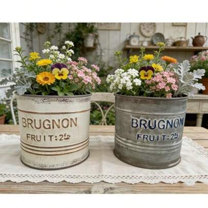 French Vintage Distressed Iron Planter, Retro Metal Flower Bucket, Garden Balcony Decor Planter, Distressed Iron + Vintage Letter Print, Suitable For Garden, Balcony, Homestay And Other Scenes