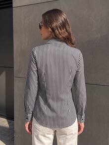 1pc Women's Classic Vertical Striped Collared Shirt, Smooth Drape Slim Fit Long Sleeve Commuter Blouse, Flattering Versatile All-Match Top For Light Office Wear, Casual Daily Spring/Autumn Layering - Blue - View 2