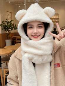 1pc Bear Ear Hat 3 Pieces Set, Thickened Warm Double-Layer Cold-Proof Cute Hat, One-Piece Hat, Solid Color Polyester (Polyester) Fine Fleece - A - View 6