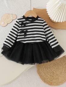 2pcs Baby Girl Sweet Cool Style Striped Hollow Bow Long Sleeve Top & Mesh Puff Skirt Set, Spring/Autumn - Black - View 1