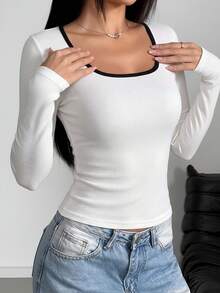 2pcs Contrast Trim U-Neck Ribbed Knit Slim Fit Long Sleeve T-Shirt, Women's Basic Casual Everyday Top - Multicolor - View 6