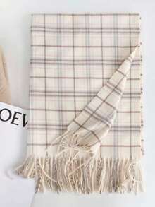 1pc Women's Plaid Tassel Scarf, Autumn/Winter Shawl - Beige - View 2