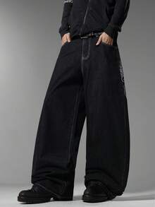 Men's Gothic Street Brand Wide Leg Jeans, Exquisite Retro Embroidery, Comfortable Versatile All-Season Long Pants (No Belt & Accessories) - Black - View 8
