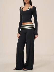 TimeOff Women's One Set Autumn/Winter Striped 2 In 1 Patchwork Oversized Scoop Neck Halter Long Sleeve Folded Waist Wide Leg Pants Sportswear Set - Black - View 6