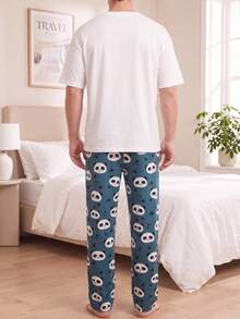 Plus Size Men's Panda Print Pajama Set, Summer Short Sleeve T-Shirt + All-Over Print Loose Casual Lounge Pants - White - View 2