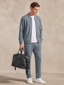 Courvante Men's Versatile Long Sleeve Zip-Up Jacket And Drawstring Waist Cargo Pants Set Fall - Dusty Blue - View 2