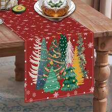 1pc Red Background Christmas Tree & Snowflake Print Table Runner, Linen Texture Holiday Table Runner, Holiday Table Decor, Christmas Party Home Decoration - Red - View 3