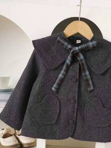 Young Girls Autumn/Winter Vintage Reversible Wool Blend Heart Pocket Crew Neck Jacket + Detachable Large Lapel Plaid Bow Tie Casual Jacket - Grey - View 4