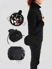 1pc Portable Polyester Makeup Storage Bag, Black Drawstring Design For Daily Use, Slouchy Person Cosmetic And Toiletries Organizer, Ideal For Outdoor Travel, Beach Vacation, Bathroom And Bedroom Storage, Large Capacity - Multicolor - View 6