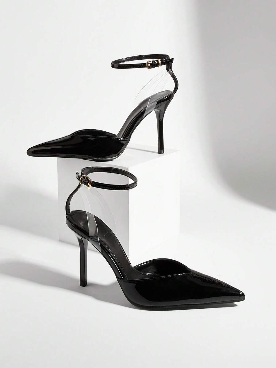 性感漆皮扣飾方頭露趾派對宴會細跟高跟鞋 - 黑色 - 查看 1