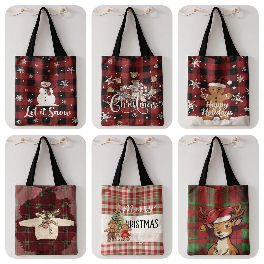 1pc Christmas Plaid Print Print Shoulder Tote,Large Capacity For Books,Groceries & Daily Beach Travel School Use.For Students, Great Daily Bag Or Gift - Red - View 1