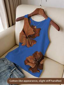 ASHKATIA Camiseta de tirantes de punto de cuello redondo talla grande, con estampado, de largo regular, de tela ligeramente elástica, adecuada para usar en otoño. Otoño - Azul Marino - Ver 1