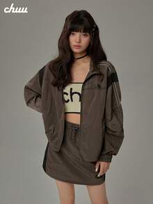 CHUU Letter Print Long Sleeve Jacket Women's Autumn Colorblock Patchwork Drawstring Loose Fit Jacket Top - Coffee Brown - View 1